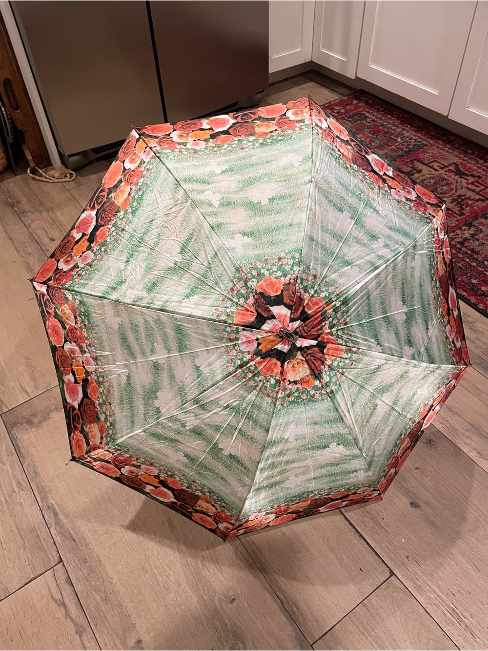 Vintage Pierre Balmain  Rose Border Green Canopy Umbrella